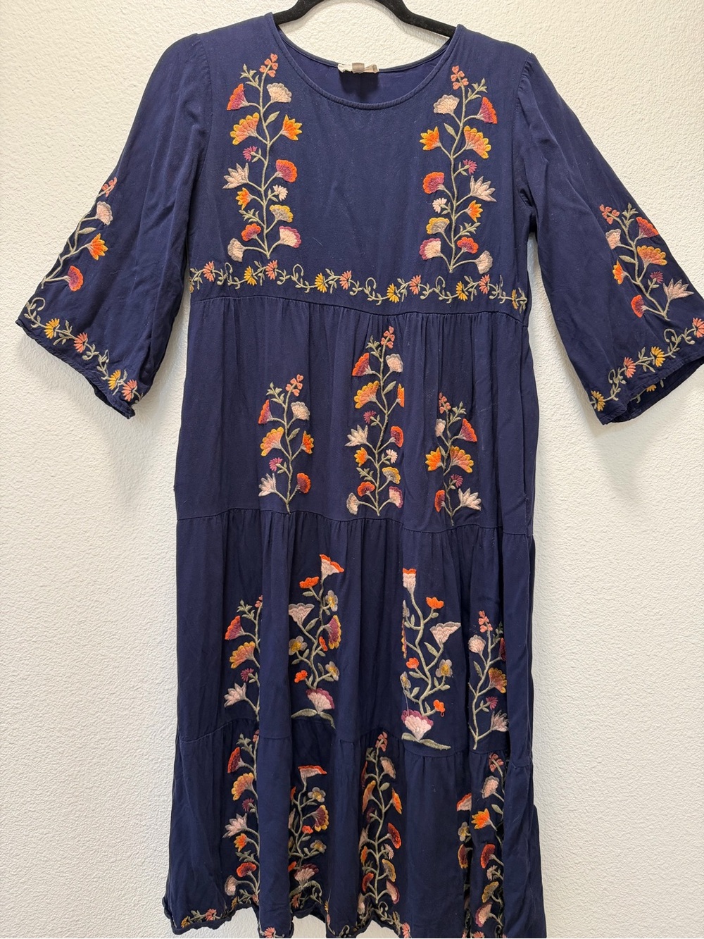 orange creek Retro Style Navy Floral Embroidered Tiered Midi Dress